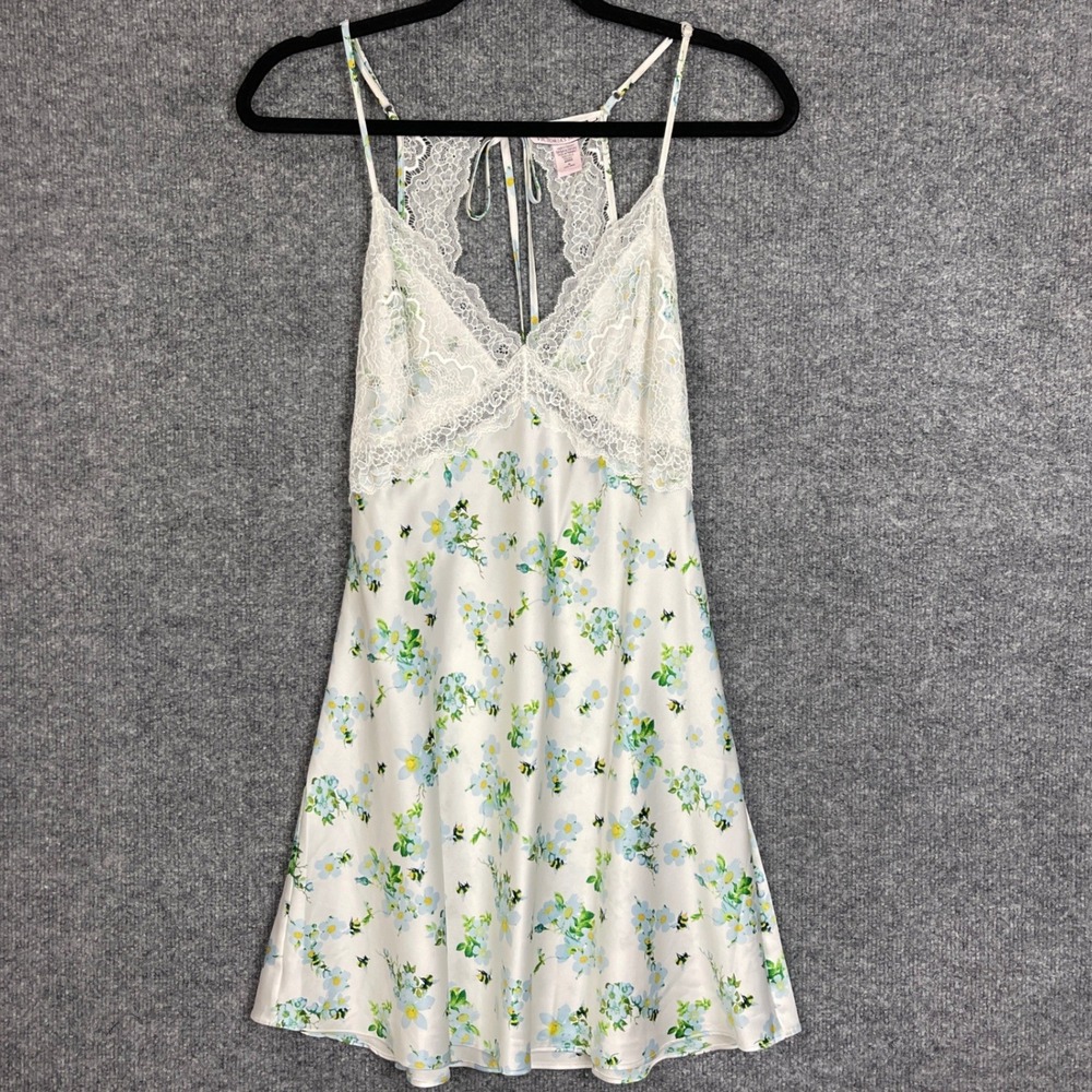 Victoria's Secret Slip Dress Womens M White Lace Floral Bee Satin
